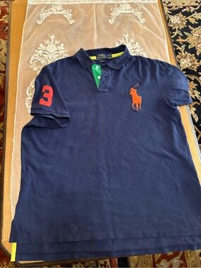 Ralph Lauren Polo Men's Navy Short Sleeve Polo with Orange Logo sz XL good condi